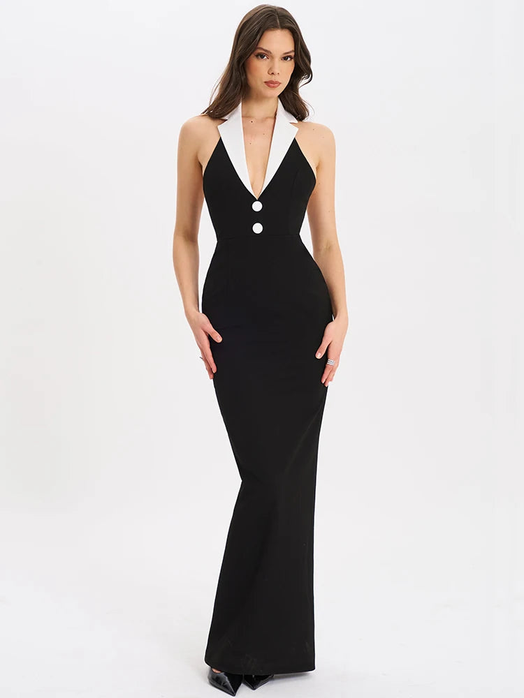 Notched Collar Halter Backless Sexy Maxi Dress